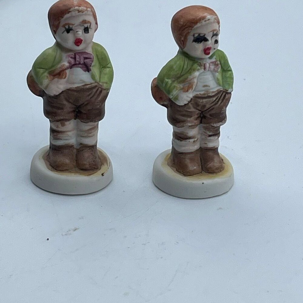 Set of 2 porcelain Midcentury boys figurines miniature train station cake